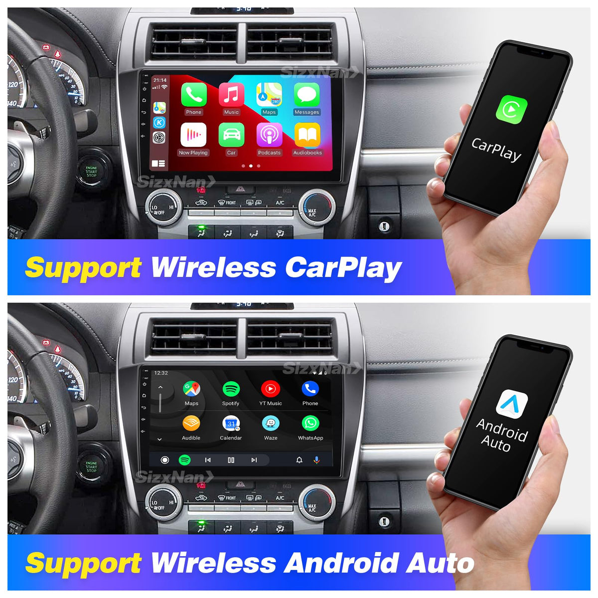 SizxNanv wireless CarPlay view enabling hands-free calls and navigation.