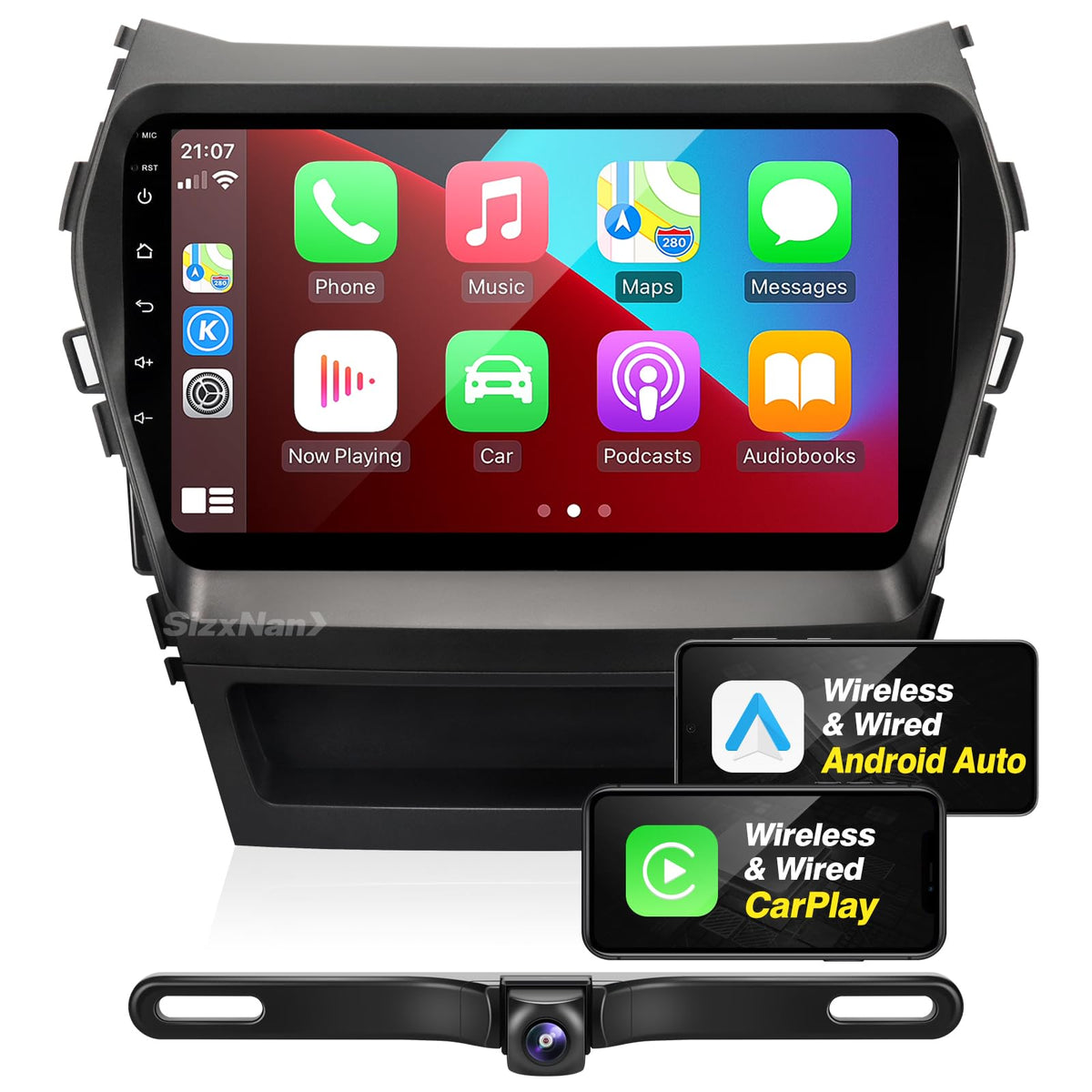 SizxNanv Santa Fe Android radio upgrade on a 9-inch display for hands-free navigation.