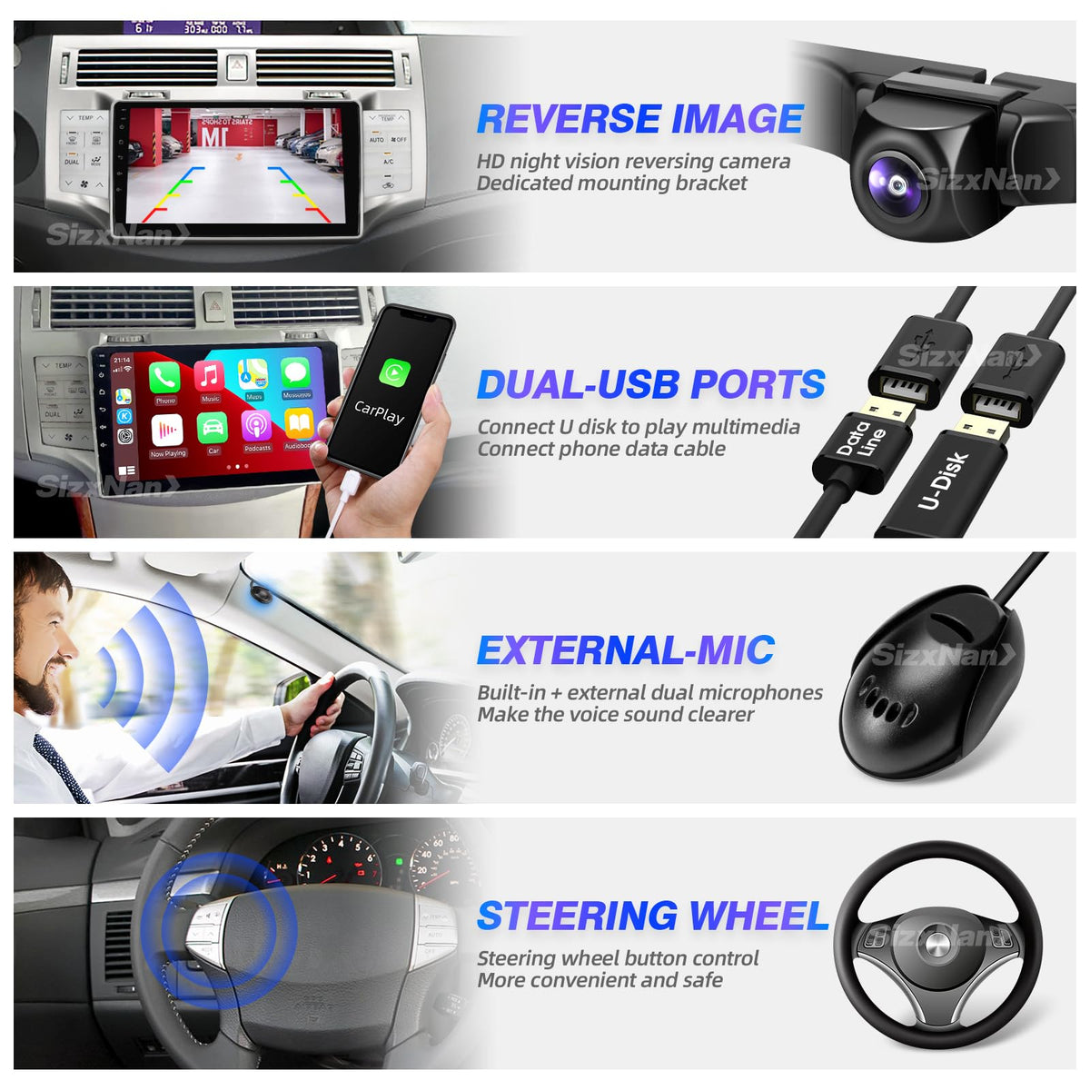 SizxNanv GPS navigation on 9-inch display provides clear directions during drives.