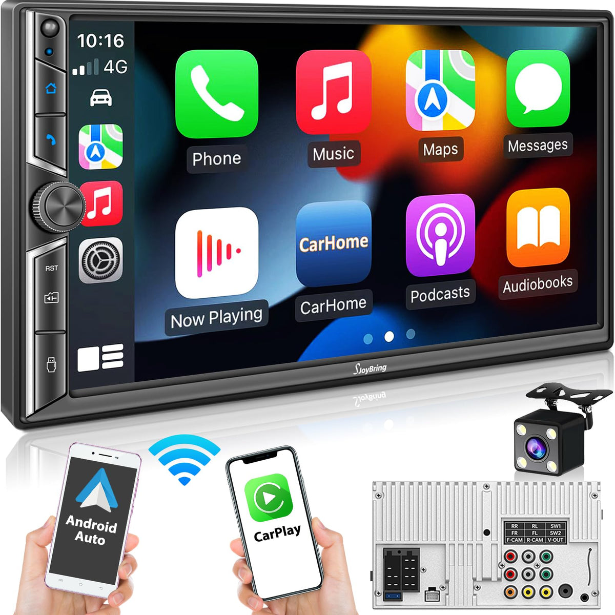 SJOYBRING 7in DIN head unit front view with touchscreen and controls for safe driving