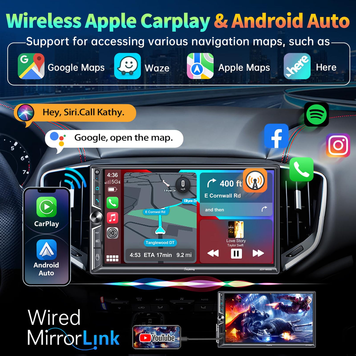 SJOYBRING 7in DIN head unit wireless Android Auto in use for seamless apps