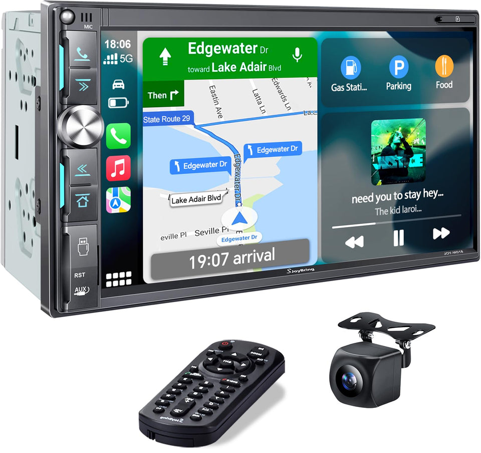 SJOYBRING 7-inch DIN car stereo with wireless CarPlay for seamless navigation.