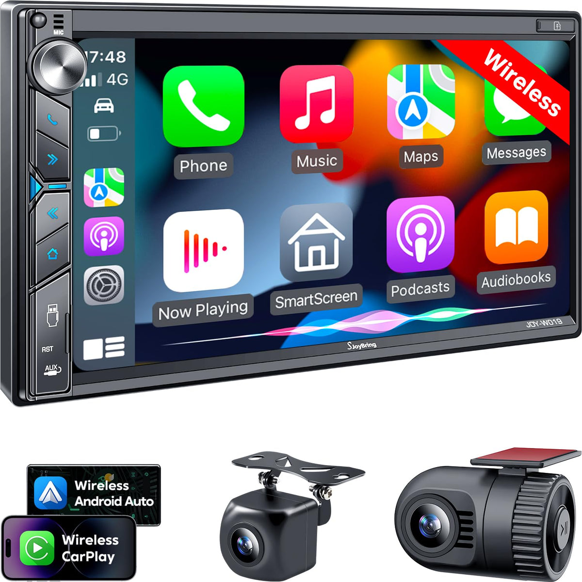 SJOYBRING wireless CarPlay and Android Auto front panel for safer hands-free navigation.