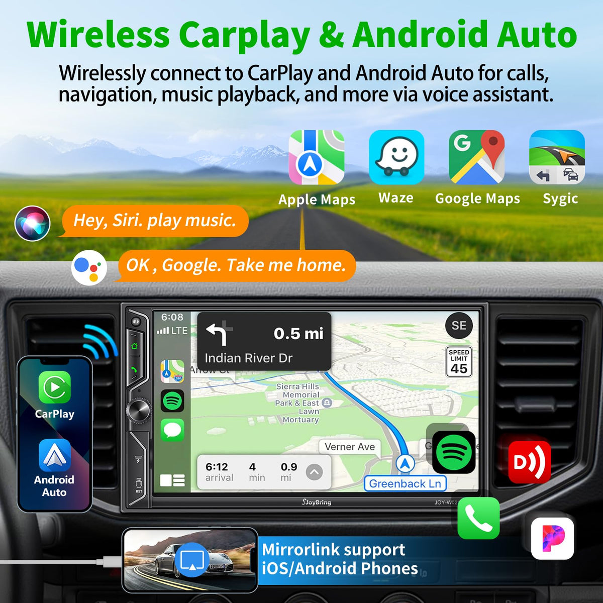 SJOYBRING wireless CarPlay and Android Auto enable cable-free smartphone access.
