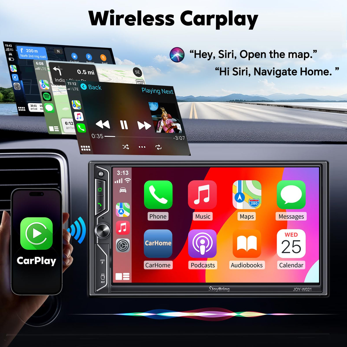 SJOYBRING wireless CarPlay and Android Auto interface on the dash display.