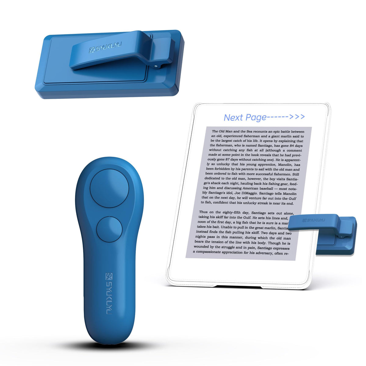 SK SYUKUYU front view of blue remote showing compact design and portability benefit