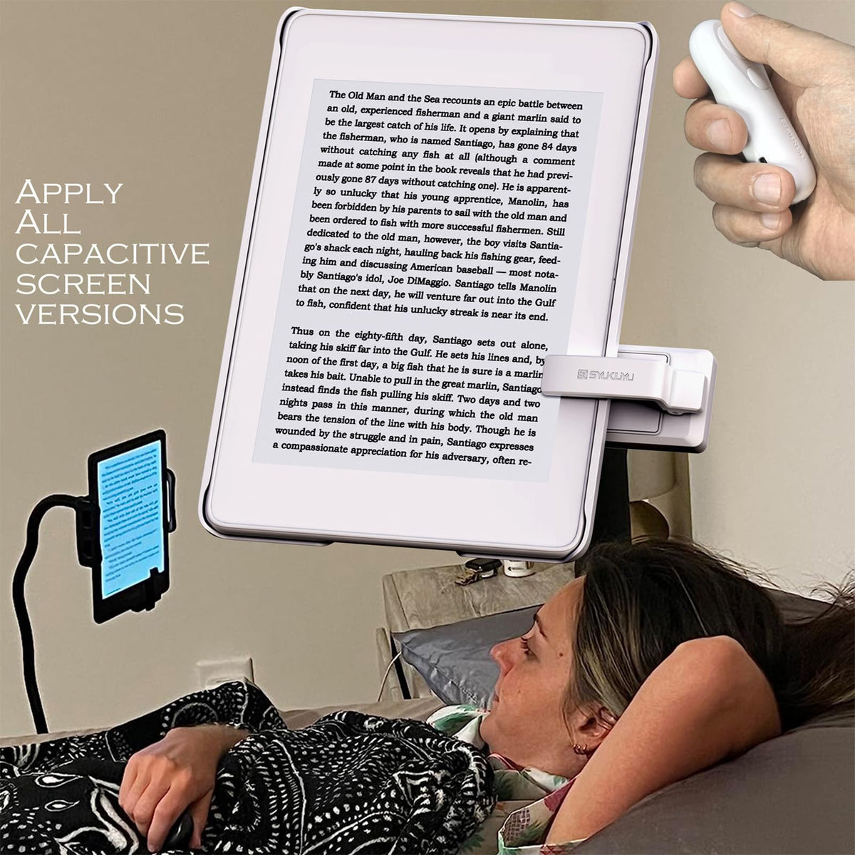 SK SYUKUYU receiver clipped to Kindle demonstrating hands-free page turning benefit
