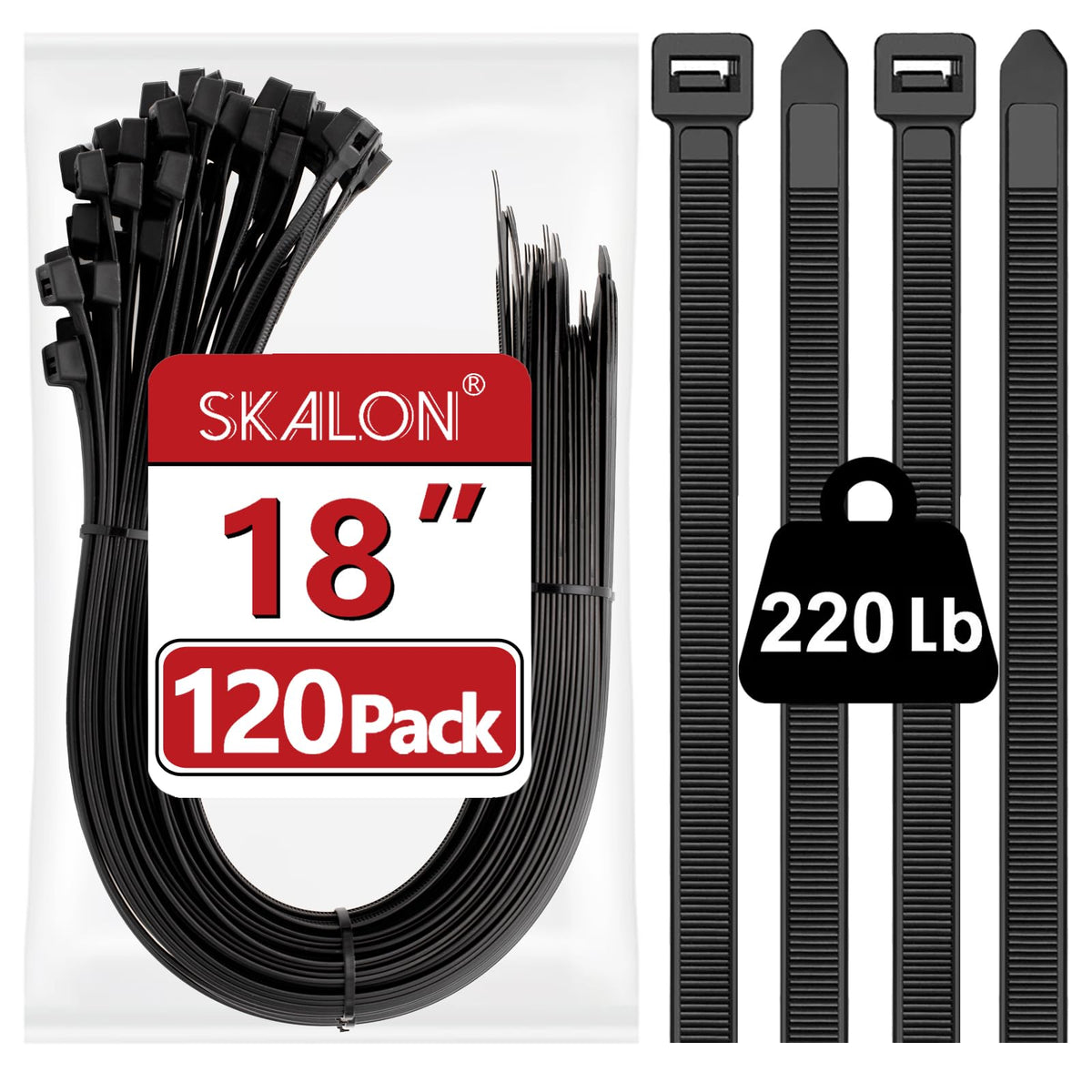 SKALON 18-inch zip ties (120-pack) in black for heavy-duty cable organization.