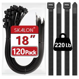SKALON 18-inch zip ties (120-pack) in black for heavy-duty cable organization.