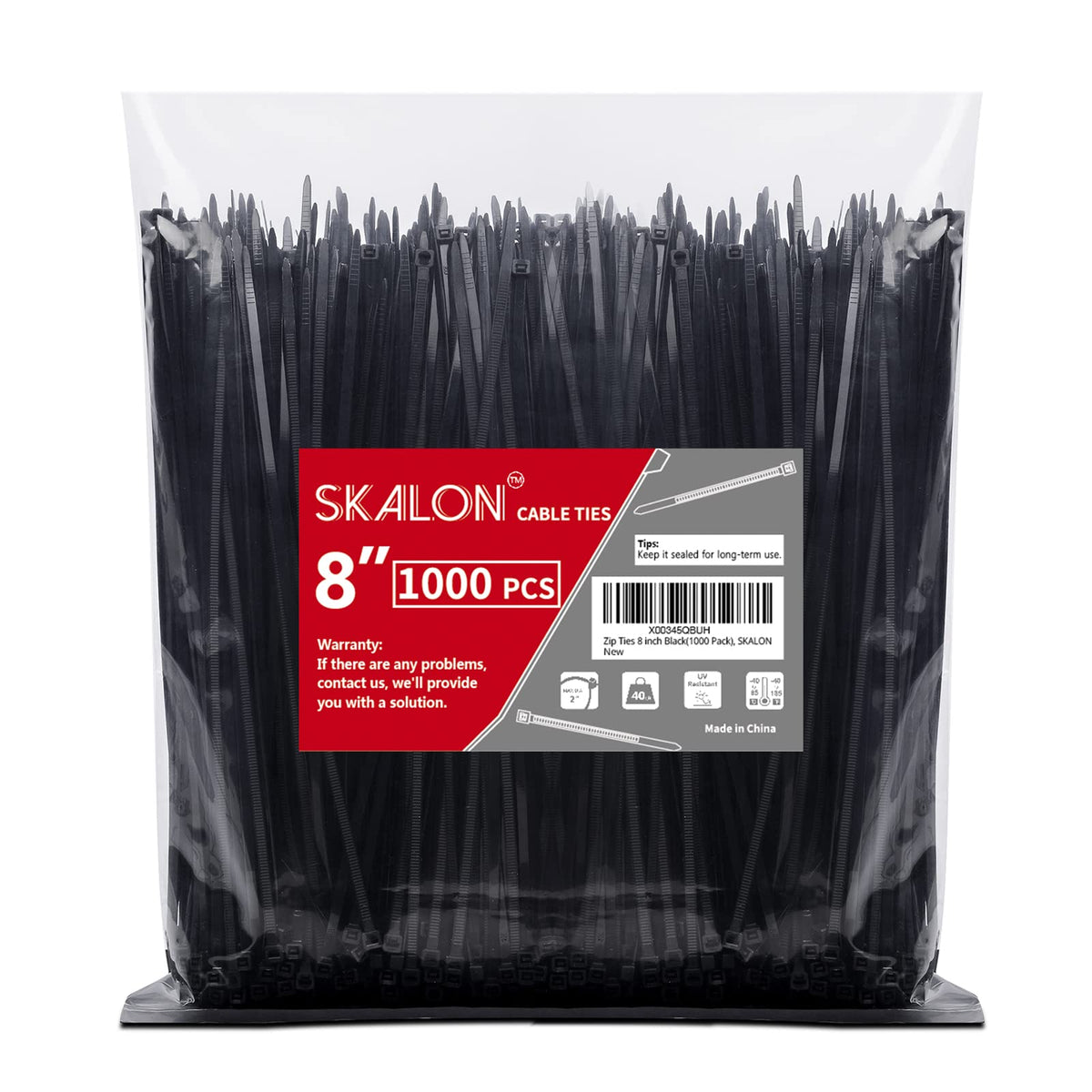 Skalon 8-inch black zip ties in a 1000-pack for bulk projects and organization.