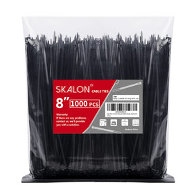 Skalon 8-inch black zip ties in a 1000-pack for bulk projects and organization.