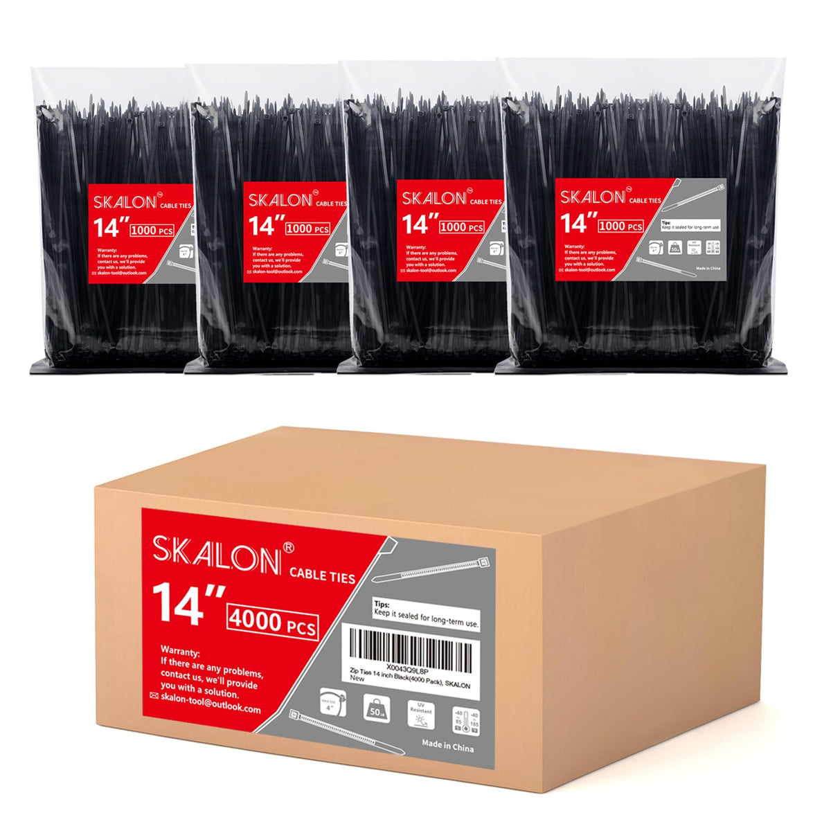 SKALON zip ties 14 inch 4000 pack for reliable cable management indoors or outdoors.