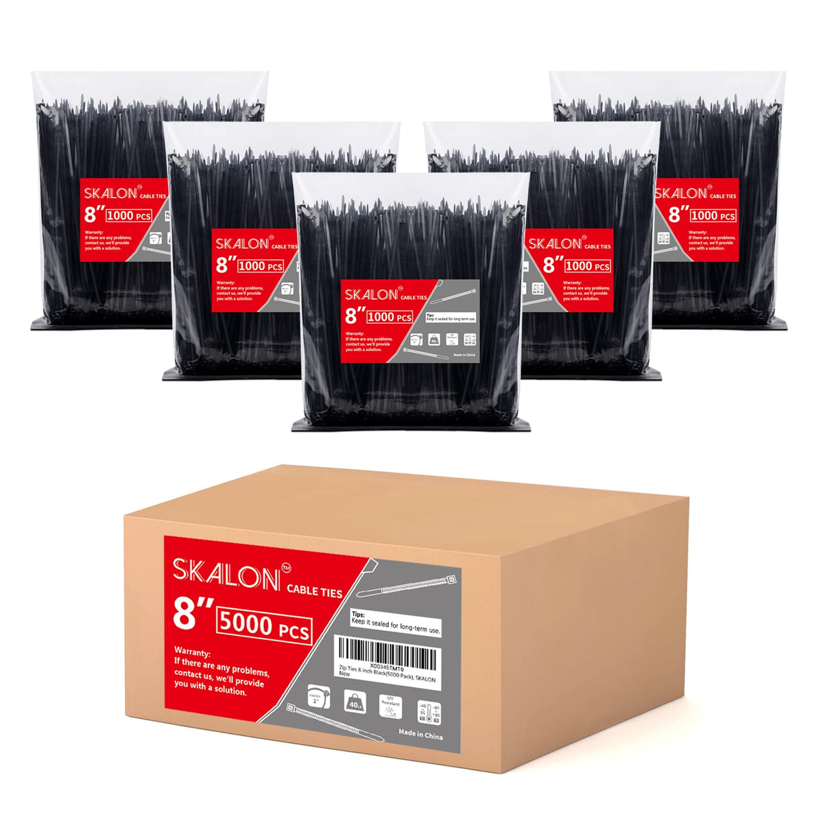 SKALON Zip Ties 8 inch pack bundles cables neatly for indoor use.