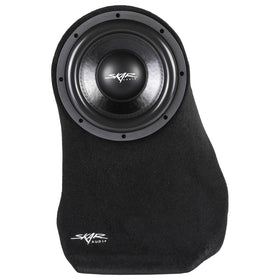 Skar Audio 10-inch loaded enclosure, driver side, delivering clean bass for Jeep Wrangler cargo area