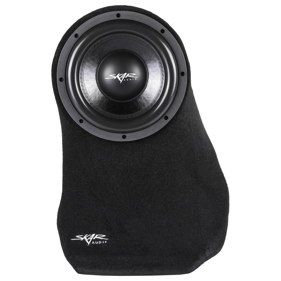 Skar Audio 10-inch loaded enclosure, driver side, delivering clean bass for Jeep Wrangler cargo area