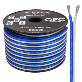 Skar Audio 12 Gauge Elite wire on a blue-white spool for clean power routing.