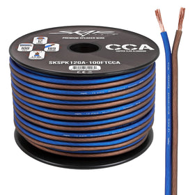 Skar Audio 100ft spool front view showing blue brown jacket and label for easy setup