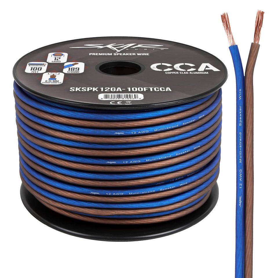 Skar Audio 100ft spool front view showing blue brown jacket and label for easy setup
