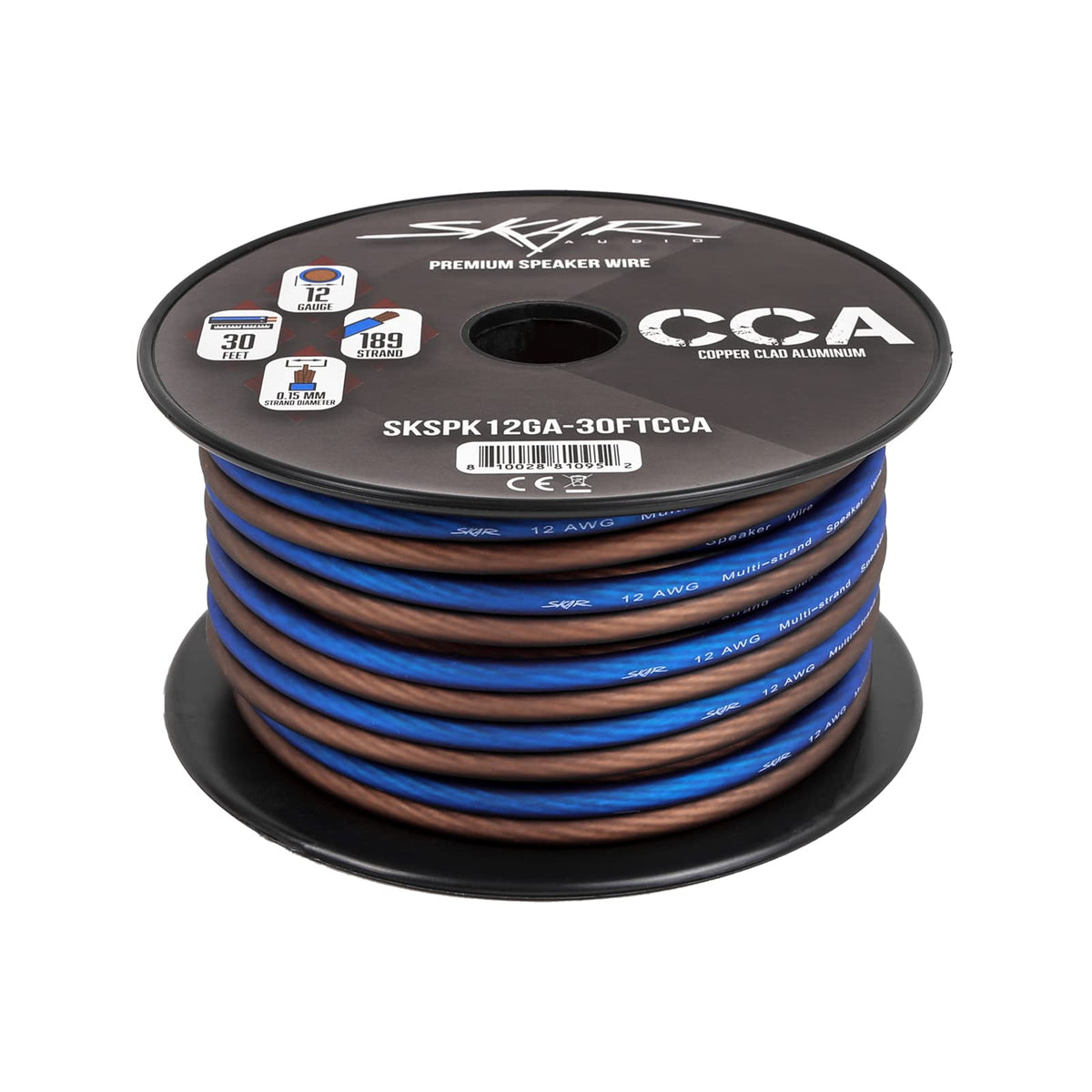 Closeup of Skar Audio 12-gauge blue-brown CCA conductor design