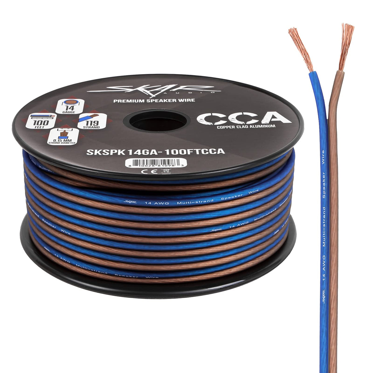 Skar Audio 14-gauge 100 ft wire spool in blue and brown for easy in-car wiring.
