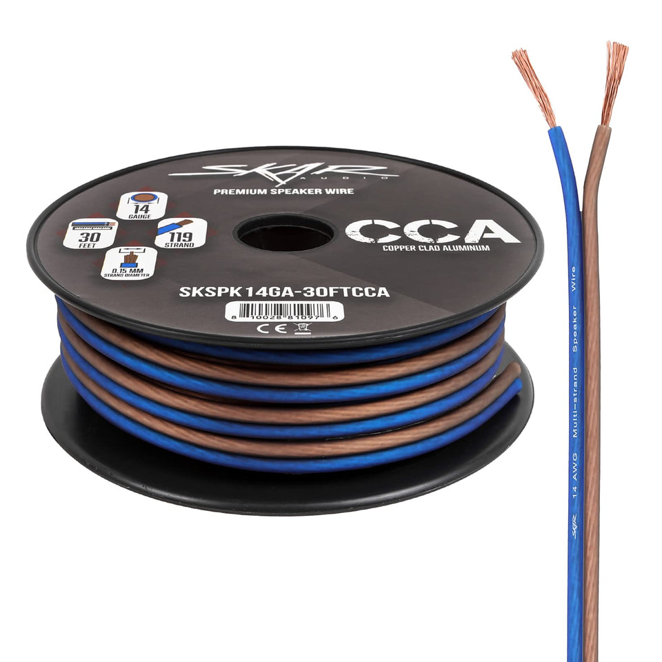 Skar Audio 14ga wire in blue and brown, 30ft, for clean speaker connections
