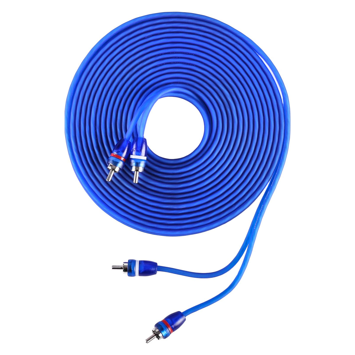 Skar Audio 17ft RCA interconnect closeup with color-coded ends for easy setup.