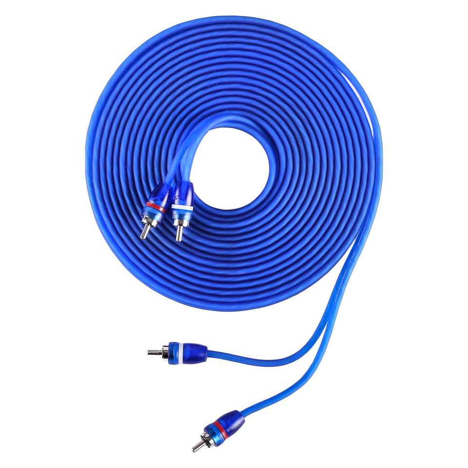 Skar Audio 17ft RCA interconnect closeup with color-coded ends for easy setup.