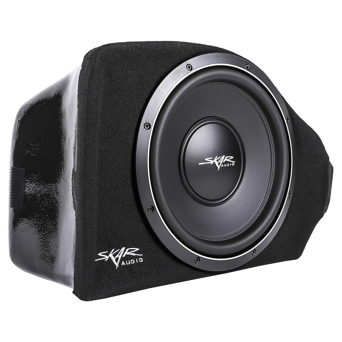 Skar Audio branding on sealed enclosure signals durable build