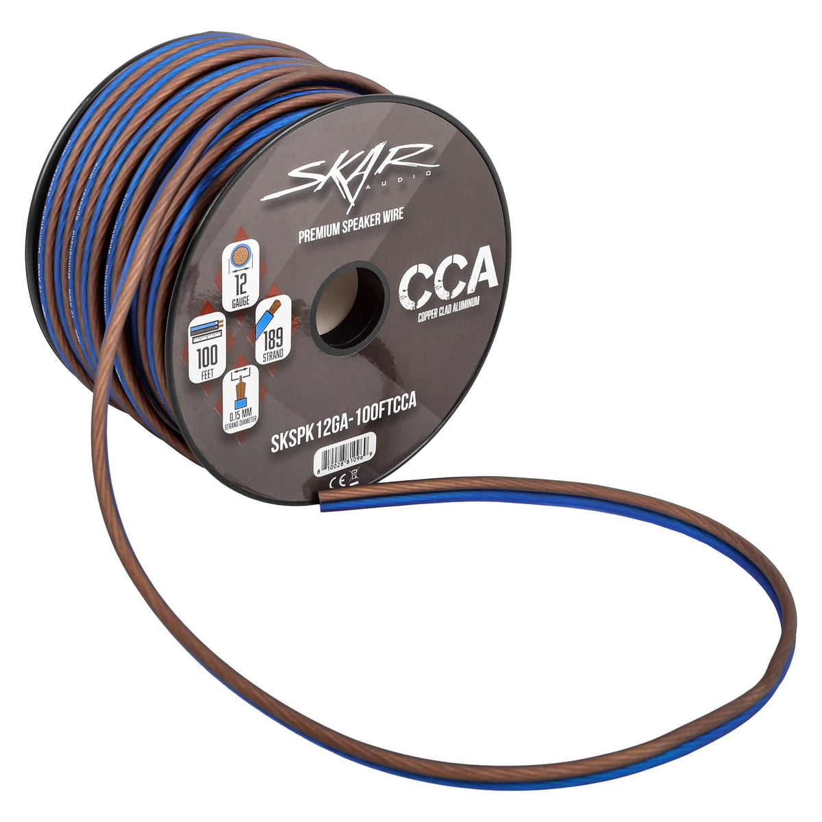 Skar Audio blue and brown ends connected to speaker terminals illustrating correct polarity