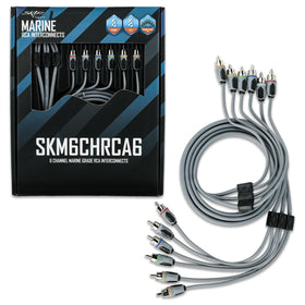 Skar Audio connector closeup highlighting corrosion-resistant RCA plugs and durability