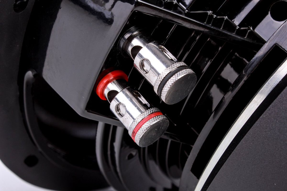 Skar Audio DDX-12 D2 subwoofer terminal plate shows easy power connections
