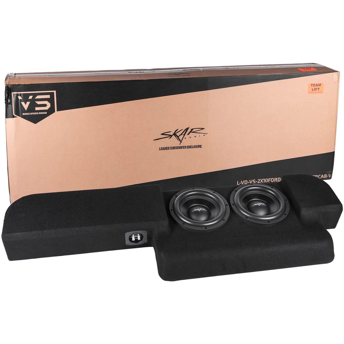 Skar Audio dual 10 VD series enclosure under Ford F-150 rear seat delivers deep, controlled bass.