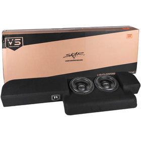 Skar Audio dual 10 VD series enclosure under Ford F-150 rear seat delivers deep, controlled bass.