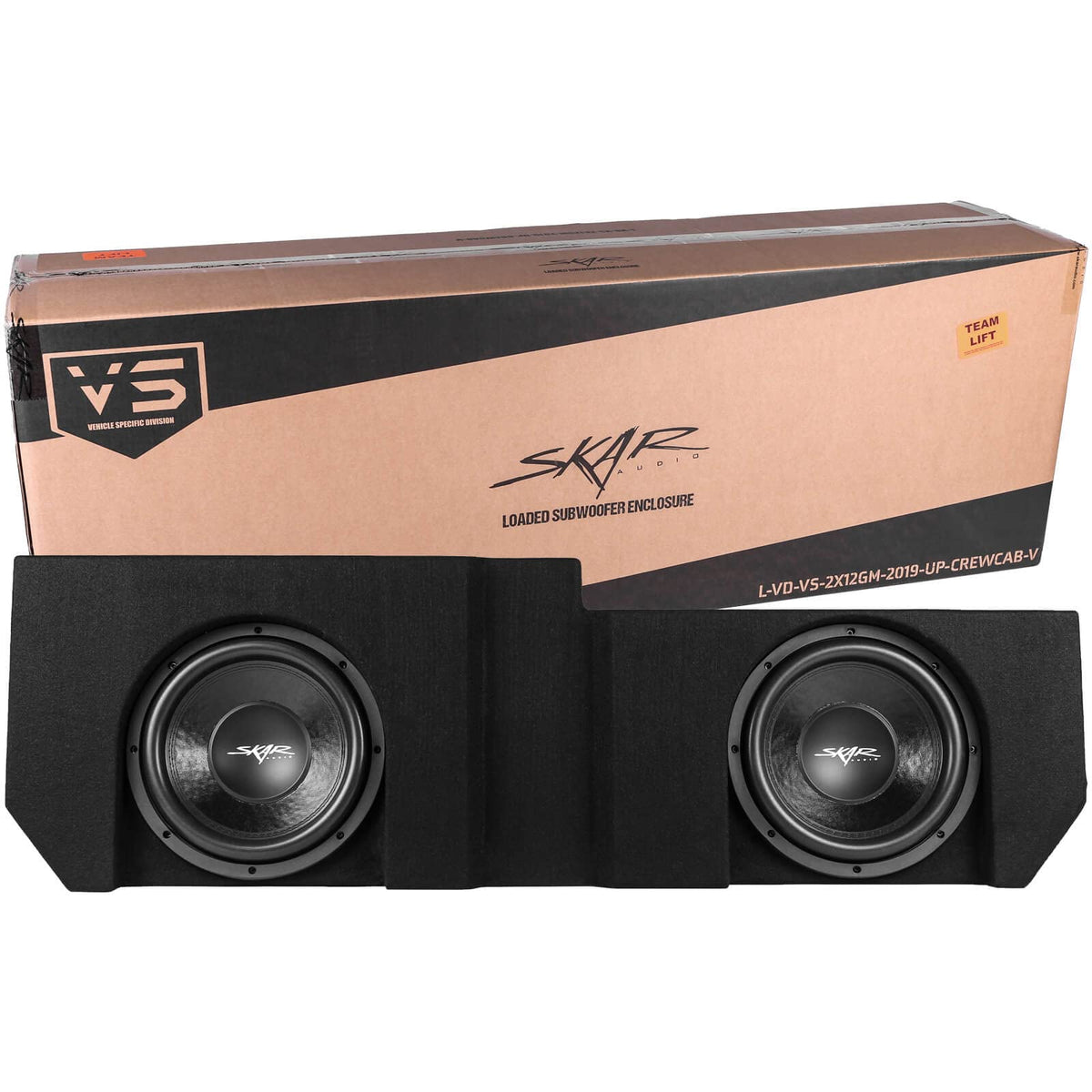 Skar Audio dual-12 loaded subwoofer enclosure under-seat fit enhances bass performance.