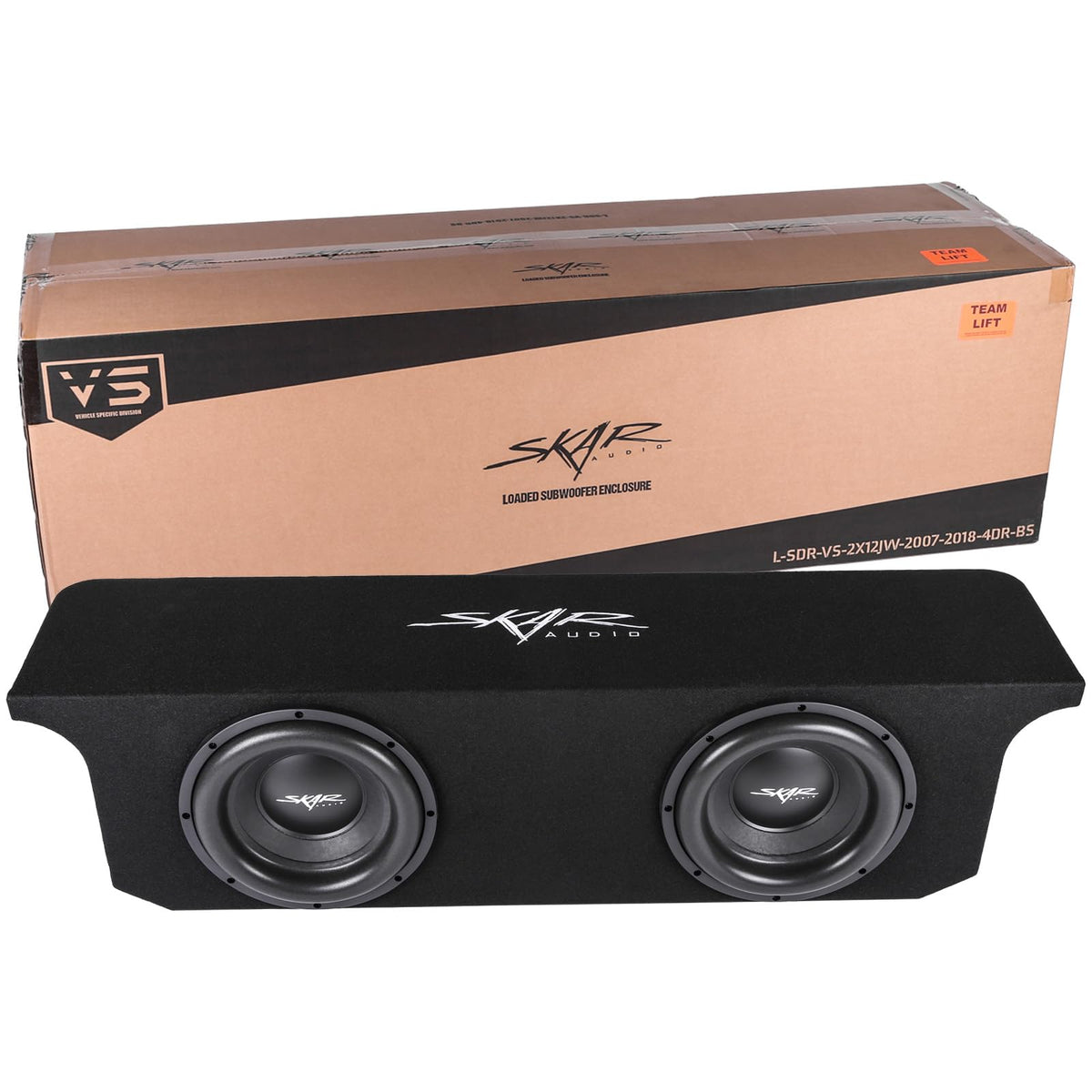 Skar Audio dual 12-inch loaded enclosure in Jeep Wrangler JK front view boosts bass presence
