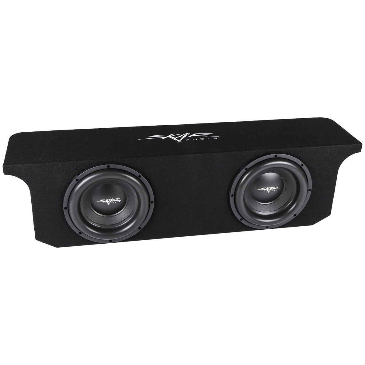 Skar Audio enclosure side view demonstrates compact fit in the Jeep trunk