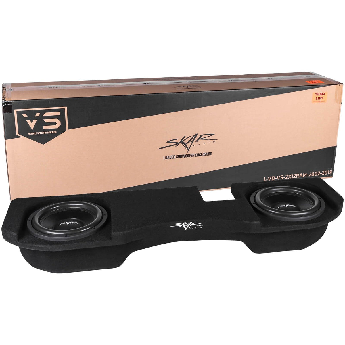 Skar Audio dual-12 loaded subwoofer enclosure under-seat in a Dodge Ram for enhanced bass.