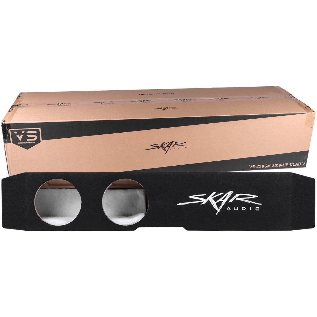 Skar Audio dual 8-inch enclosure installed under rear seat in Silverado/Sierra