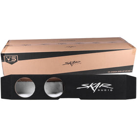 Skar Audio dual 8-inch enclosure installed under rear seat in Silverado/Sierra