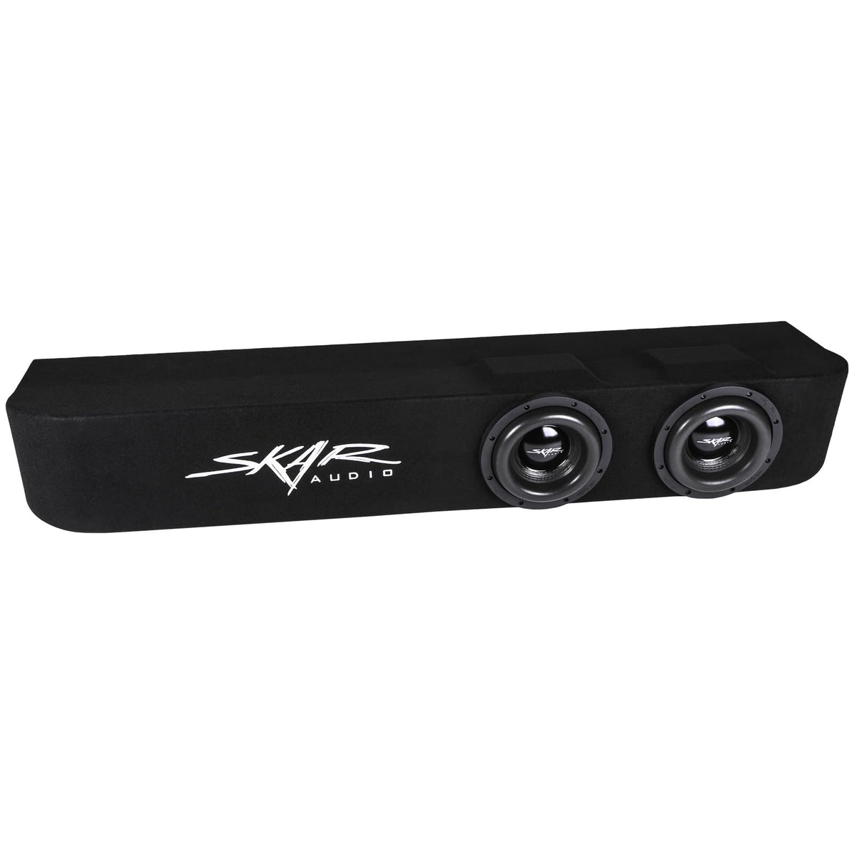 Skar Audio dual 8-inch loaded enclosure in Ford F-150 front view delivering deeper bass