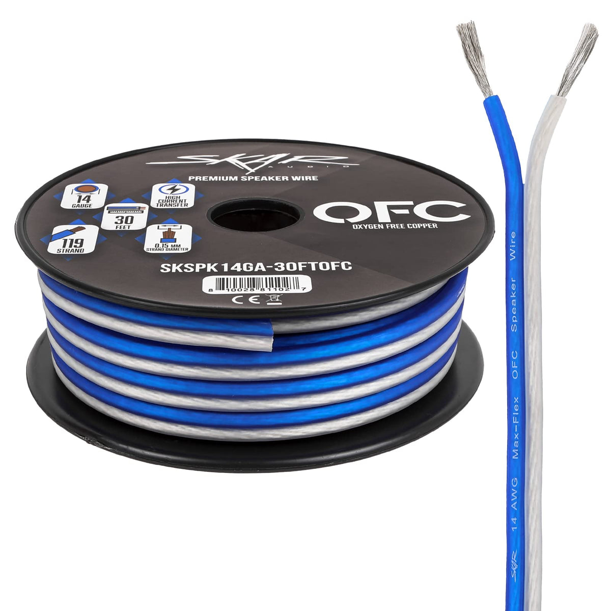 Skar Audio 14 AWG Elite wire blue white spool ready for installation