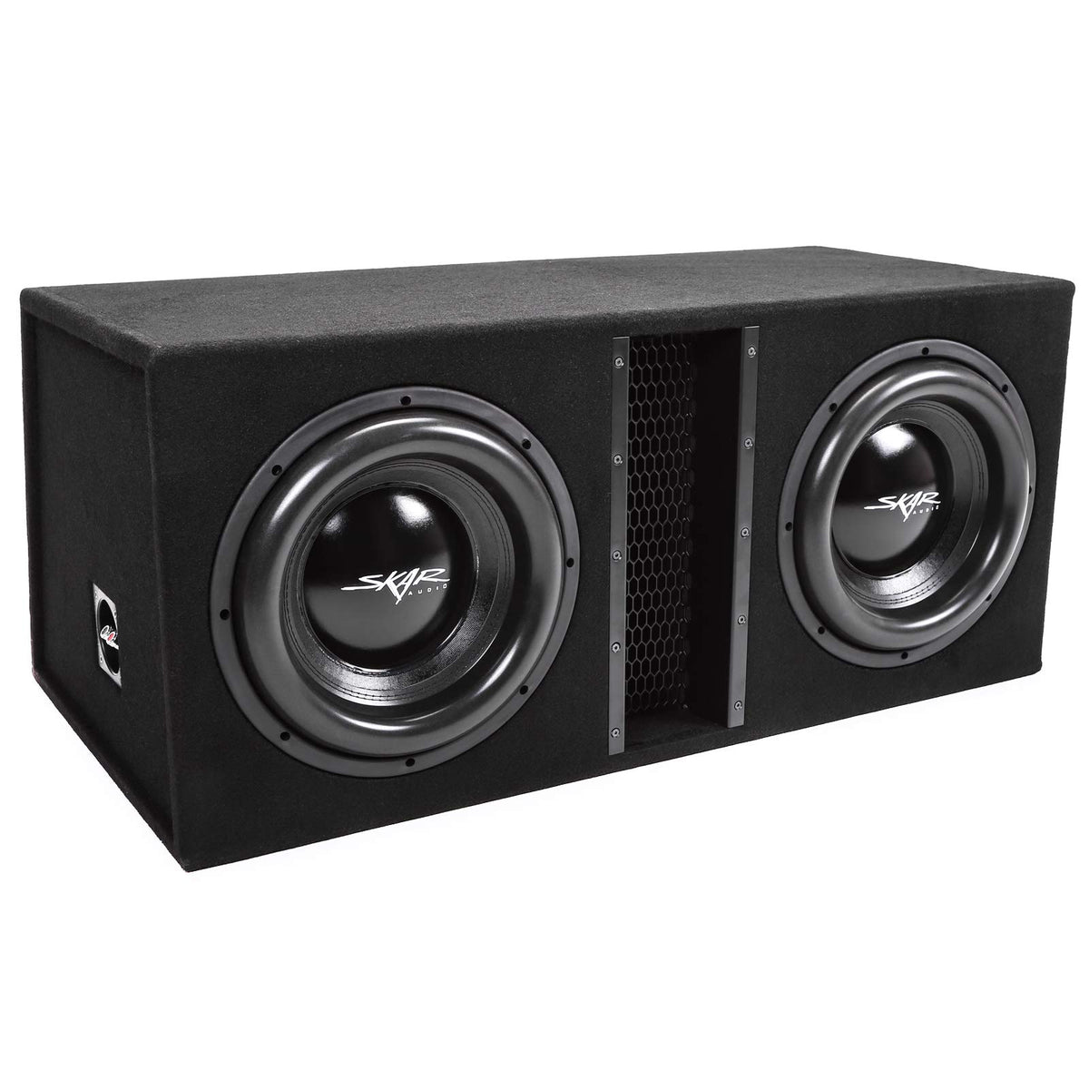 Skar Audio EVL-2X12D4 front view showcases dual 12-inch subs for powerful car bass.