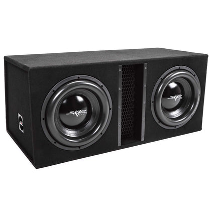 Skar Audio EVL-2X12D4 front view showcases dual 12-inch subs for powerful car bass.