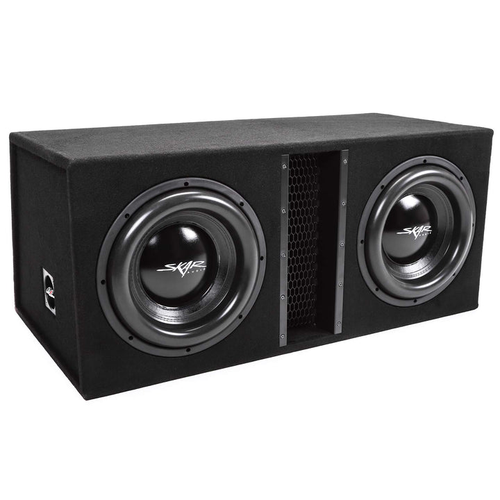 Skar Audio EVL-2X12D4 front view showcases dual 12-inch subs for powerful car bass.