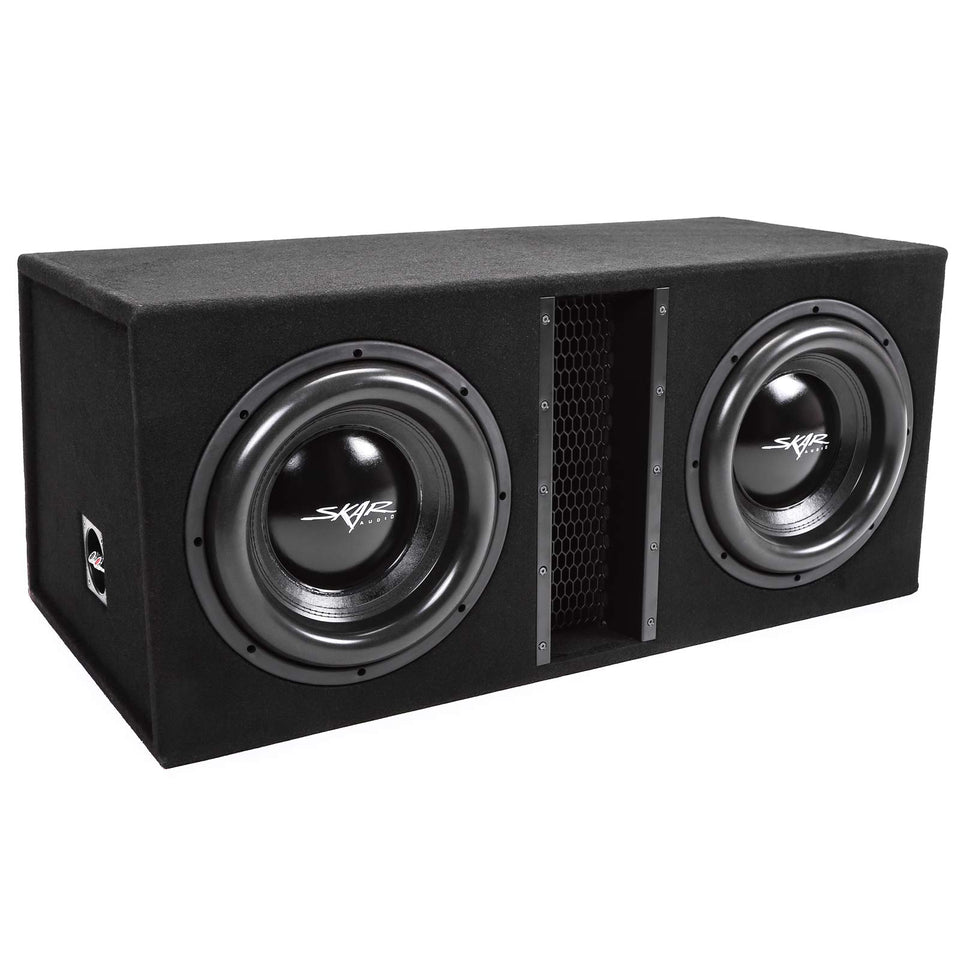 Skar Audio EVL-2X12D4 front view showcases dual 12-inch subs for powerful car bass.