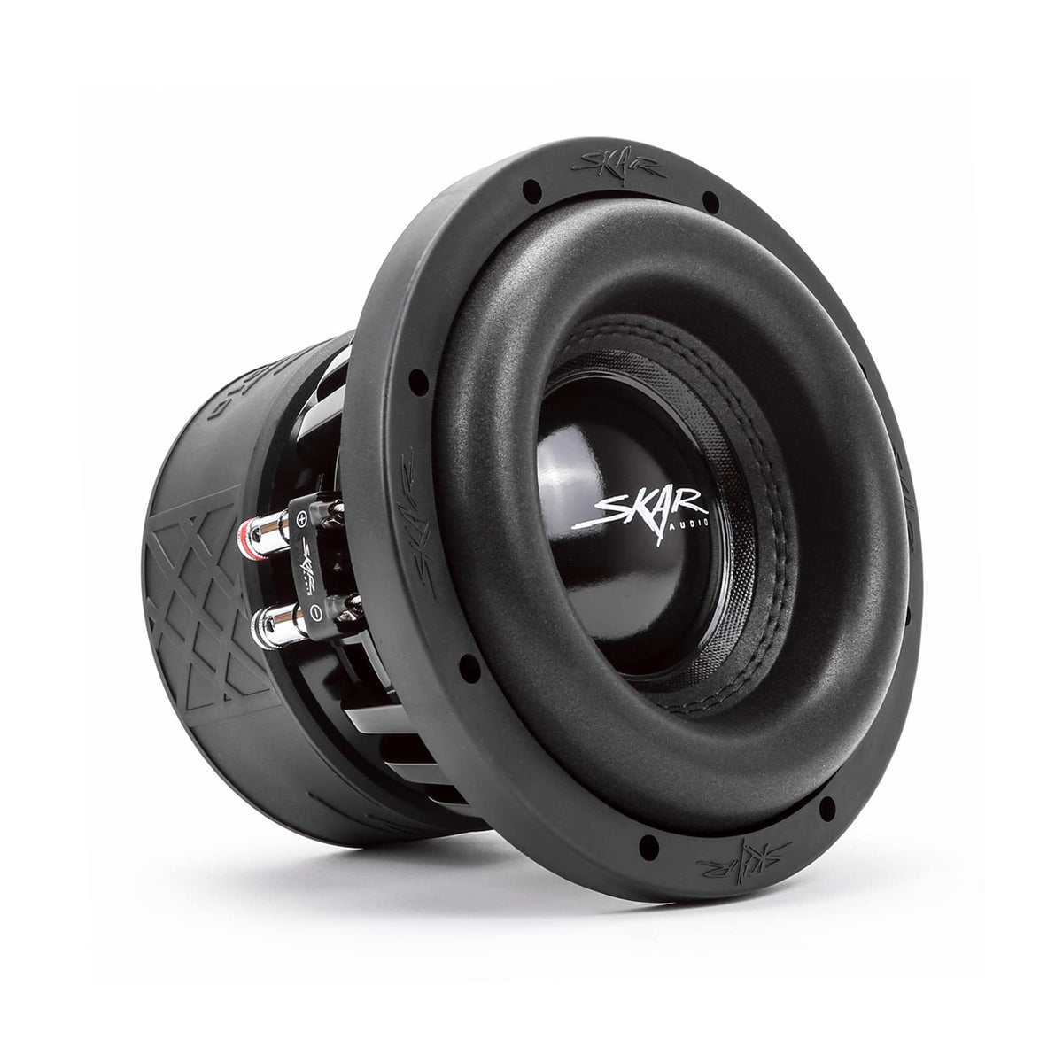 Skar Audio EVL-8 D2 front view highlighting the rugged cone for deep bass.