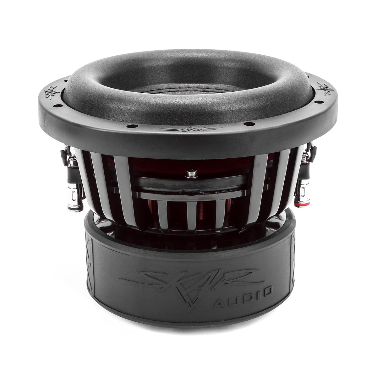 Skar Audio EVL-8 D2 voice coil closeup with high-temp copper coil detail.