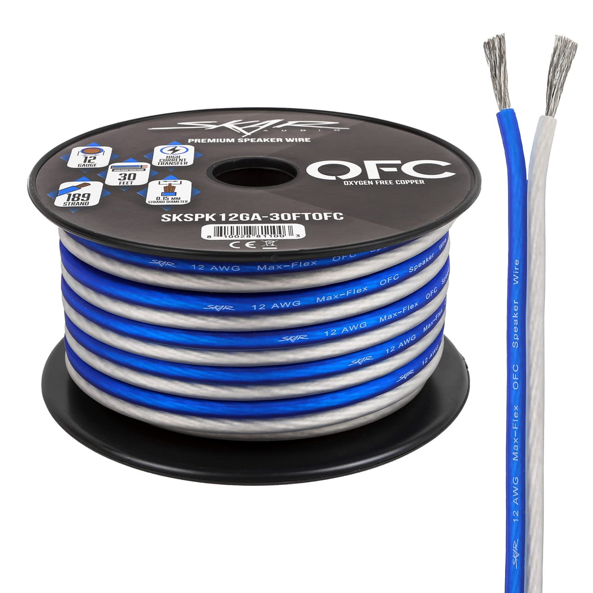 Skar Audio front coil 30ft blue/white shows easy handling and clear polarity for fast installs