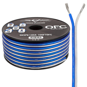 Skar Audio front packaging showing 100ft blue white cable and clear labeling for easy selection