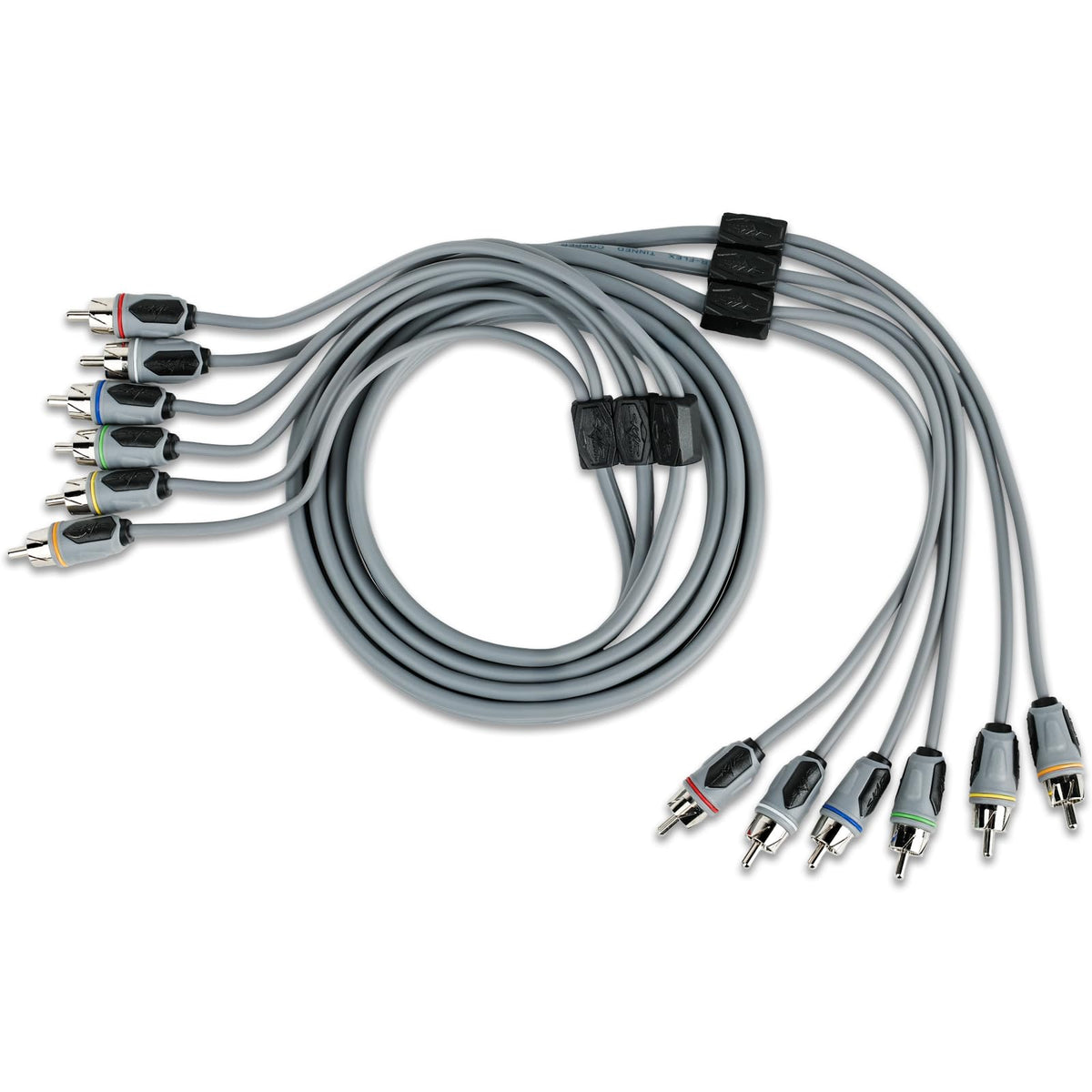 Skar Audio front view packaging showing organized six-channel cable and benefits
